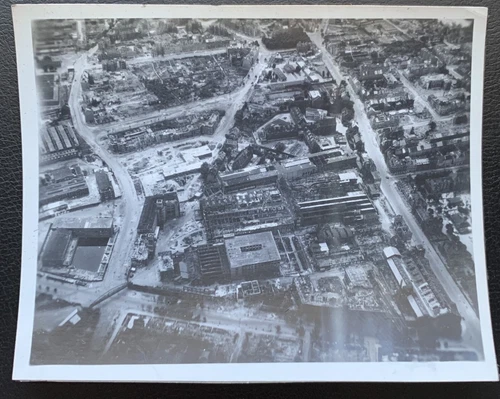 1945 WW2 REAL B/W AERIAL PHOTO CITY WITH FACTORY BUILDINGS BOMBED GERMANY