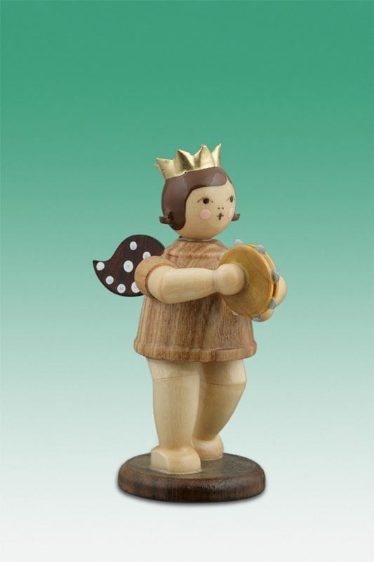 Ángel de Madera la Navidad Con Pandereta Corona/Natural Altura Aprox. 6,5cm