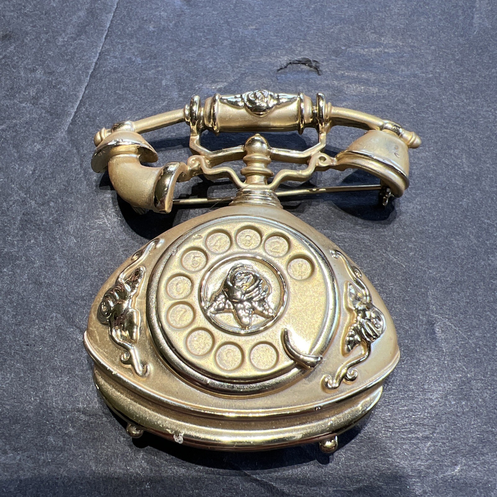 Vintage Ringing Telephone Brooch Pin Phone Rose Flower Gold Tone Not Working