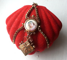 Zarter antiker Chatelain Uhrenzipfel Uhrenanhänger goldfarbig mit Porzelanbild