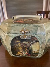 Vintage Wood Box Purse. Decoupage Colonial Scene Lucite Handle