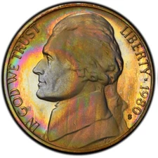 PR68DCAM 1980-S 5C Jefferson Proof Nickel, PCGS Trueview- Rainbow Album Toned