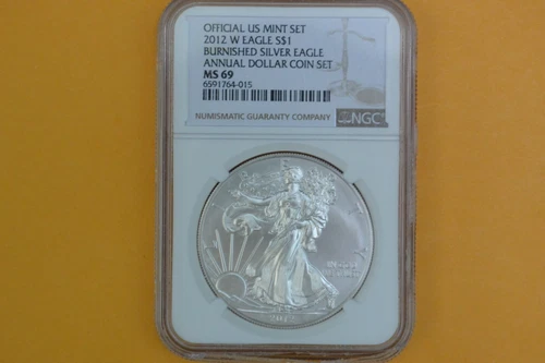 2012-W Burnished Silver Eagle NGC MS69 UNC Set - Damaged Holder