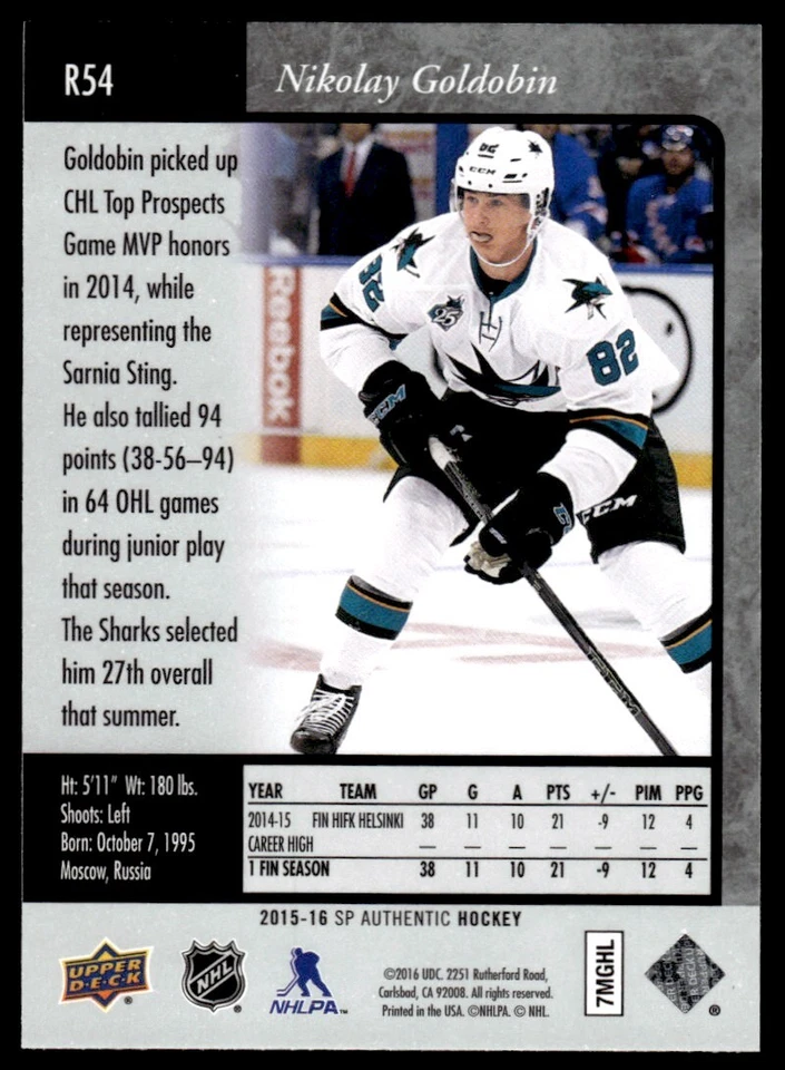2015-16 SP Authentic 1995-96 Retro Nikolay Goldobin Rookie San Jose Sharks #R54 - Image 2 of 2