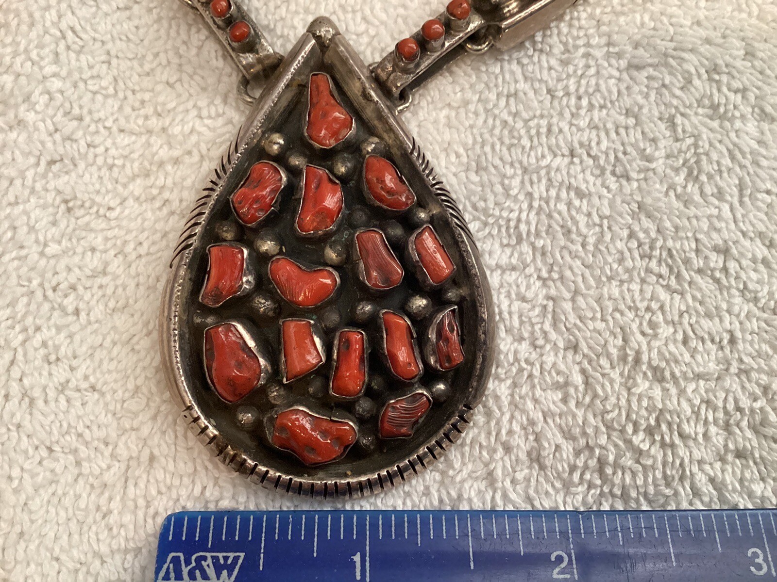 NAVAJO GERALDINE YAZZIE STERLING SILVER CORAL NECKLA… Gem