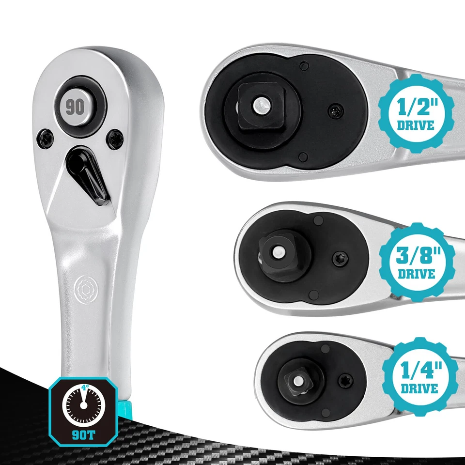 DURATECH 3PC Ratchet Set 1/4" 3/8" 1/2" Drive Ratchet Handle Reversible 90-Tooth - Image 4 of 4