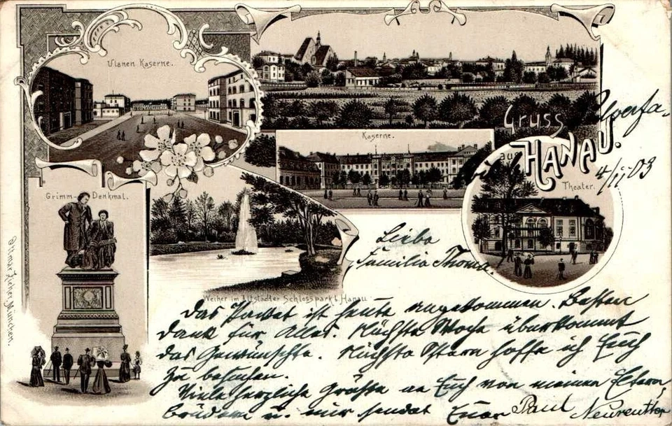 LITHO GRUß AUS HANAU ULANEN KASERNE 6 BILD 1903 HESSEN - Bild 1 von 2