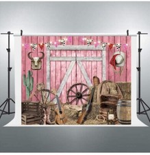 Backdrop Pink Western Barn Door With Haystacks for Photography 240cmx180cm