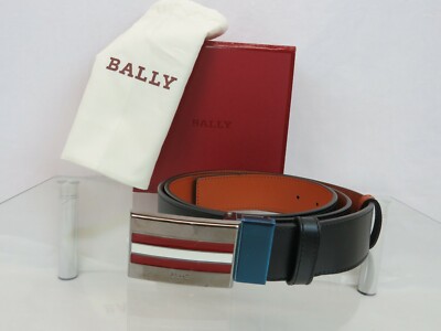 BALLY TARAGLI ADJUSTABLE REVERSIBLE BLACK TAN LEATHER WEB BUCKLE BELT 110 44