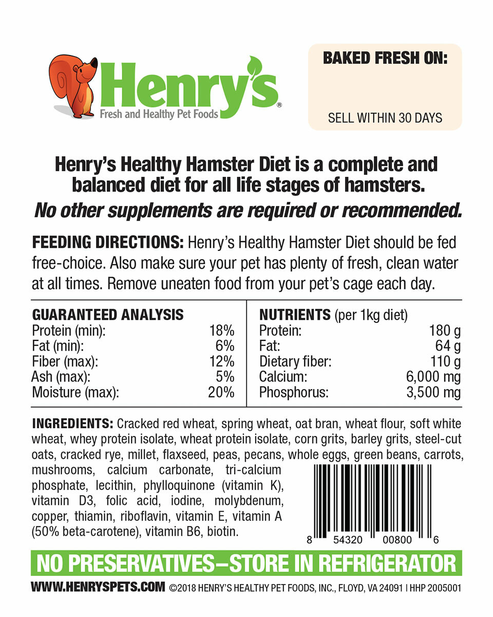 Henry's Healthy Pets Hamster Food All Natural Baked Fresh Daily for