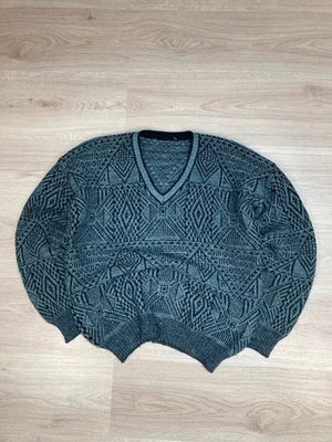 Pull maille vintage laine motifs bleu noir L - Photo 1/4