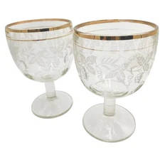 Vintage Indiana Goblets  Glasses Bartlett and Collins Gold Trim Etched (2)