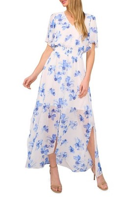 CeCe NWT White Blue Floral Smocked Waist Maxi Dress Size M Casual Spring Summer