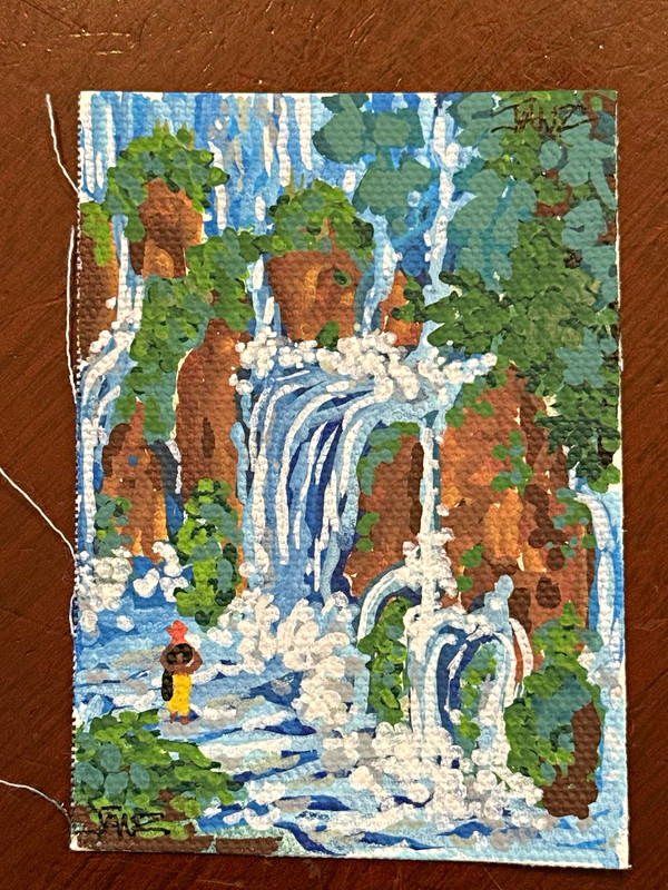 ACEO Original Painted Lady in Yellow  Dress in Waterfall Scene by Janay Charles