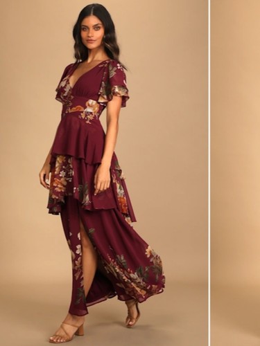 LULU's Floral Sexy Romantic Flowy Elegant Wedding Formal Event Ruffles Maxi