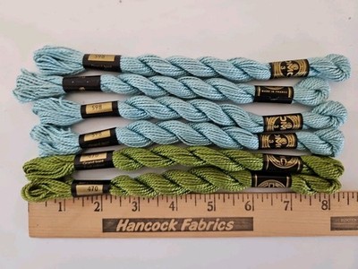 6X Skeins of DMC #3 Perle Cotton 16.4 Yards Each  Colors: 470 Green & 598 Blue