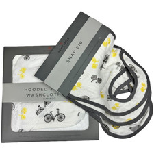 Baby Hooded Bath Towel Bamboo Washcloth 3 Bib Lot Bicycle Unisex Rayon Soft Lot