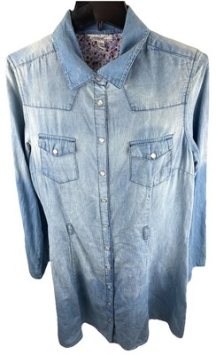 Acclaimed Women s 12 blue chambray Pearl Button Up A Line Roll Tab Sleeves Dress