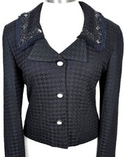 St John Couture Jacket black textured knit paillettes fringe NWOT size 10