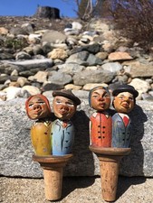 Vintage Anri Hand Carved Wood Pair Mechanical Man Woman Cork Bottle Stoppers