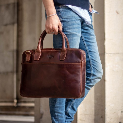 große Laptoptasche schmal echt Leder - 15.4 Zoll Laptop Business-Tasche Bosto... - Afbeelding 3 van 8
