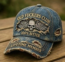 "OLD F*CKERS CLUB" Distressed Denim Baseball Cap - Skull & Wings Embroidered Hat