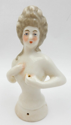 VINTAGE GERMAN PORCELAIN LADY HALF DOLL BOUDOIR BUST MARIE ANTOINETTE TYPE DOLL
