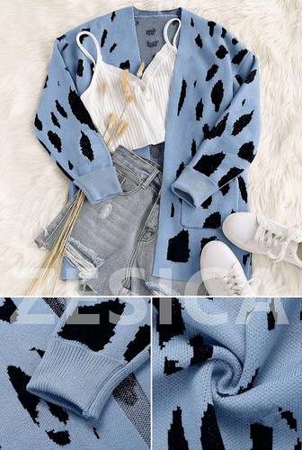 Spring Leopard Print Open Front Knit Cardigan Coat - Long Sleeves - Picture 32 of 148