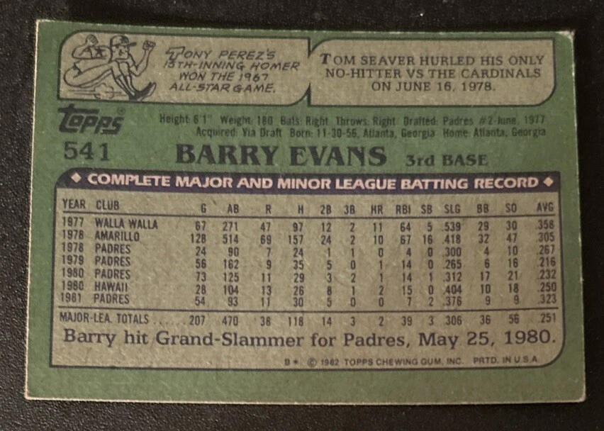 1982 Topps Barry Evans Baseball Card #541 Padres 3B FR/GD O/C - Image 2 of 2