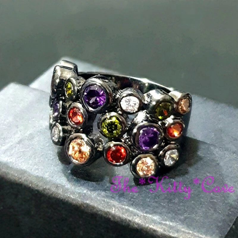CZ Crystal Zirconia Multi Coloured Rainbow Retro Ossie Bubble Band Cocktail Ring - Image 2 of 4