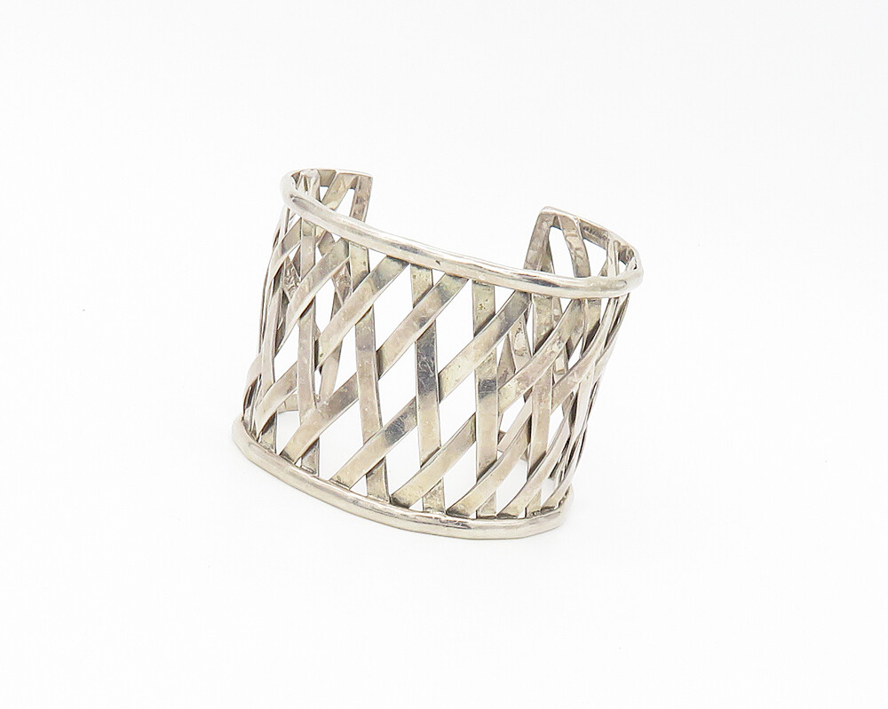 MEXICO 925 Sterling Silver Vintage Shiny Open Weaved Cuff Bracelet