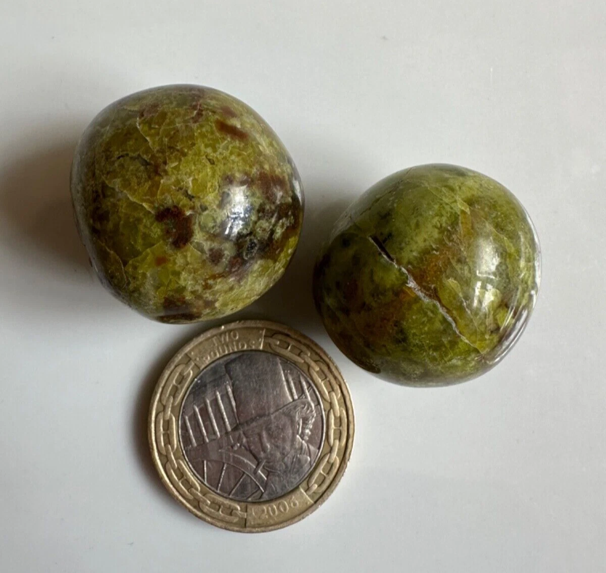O4 TWO BEAUTIFUL LARGE GREEN OPAL TUMBLED STONES