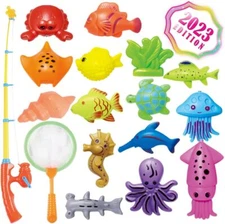 15 Multicolor Toy Fish Game Set With Pole Net Learning Bath Toys For Kids