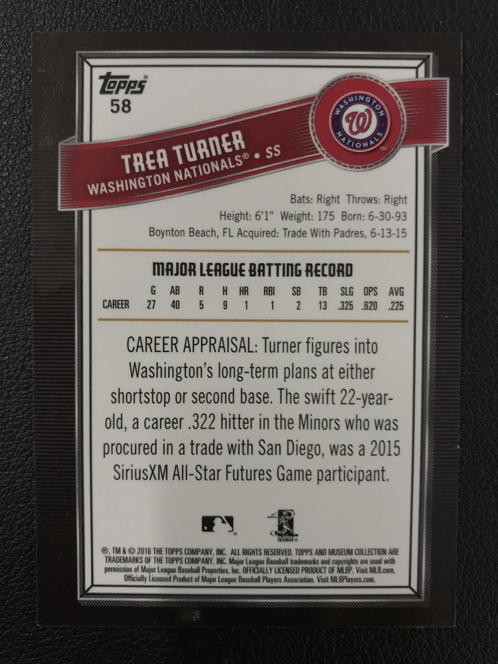 2016 Topps Museum Collection #58 Trea Turner Rookie Washington Nationals - Image 2 of 2