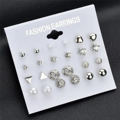 Ohrstecker Ohrringe Set 12 Paar Silber Weiß Schmuck Perlen Frau Damen Frauen