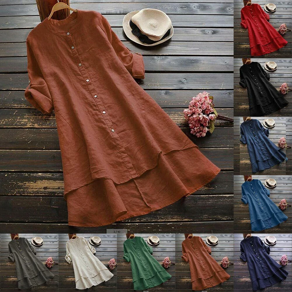 Plus Size Womens Cotton Linen Shirt Dress Ladies Loose Dress Long Tops  Blouse