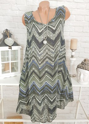 Italy Kleid Oversize Midi Sommer Strandkleid Zickzack Muster Khaki Weiß 44 46