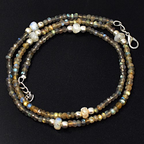 68 Cts Earth Mined Labradorite & Moonstone Round Cut Beads Necklace JK 36E292 - Picture 3 of 4