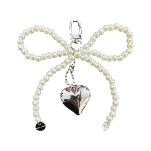Bow Shaped Keychain with Silver Heart Imitation Pearl Keyring for Fashion Lovers - 第 5/10 張圖片