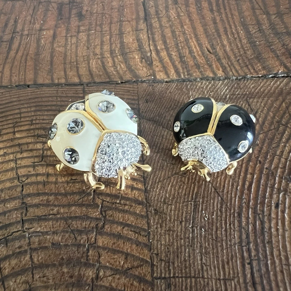 Set of TWO Joan Rivers Ladybug Pins Black Cream Gold Enamel Rhinestone Brooches - Image 3 of 4