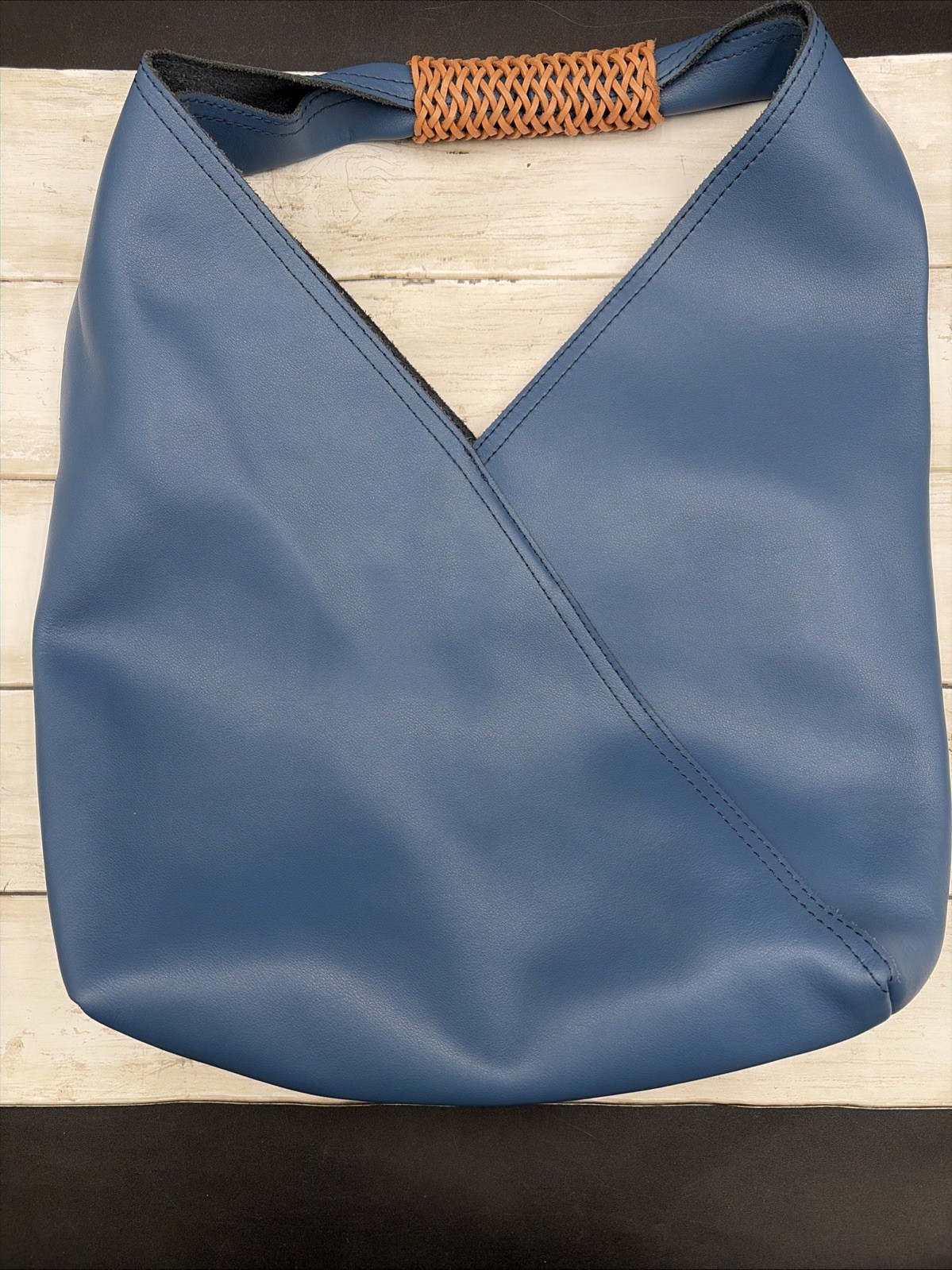 Large Slouchy Blue Leather Hobo Bag Women’s Shoulder Purse Braided Woven Handle
