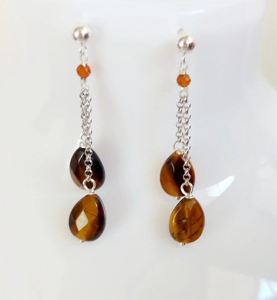 Orecchini in argento 925 occhio di tigre a goccia sfaccettata e cubic zirconia  - Immagine 3 di 4