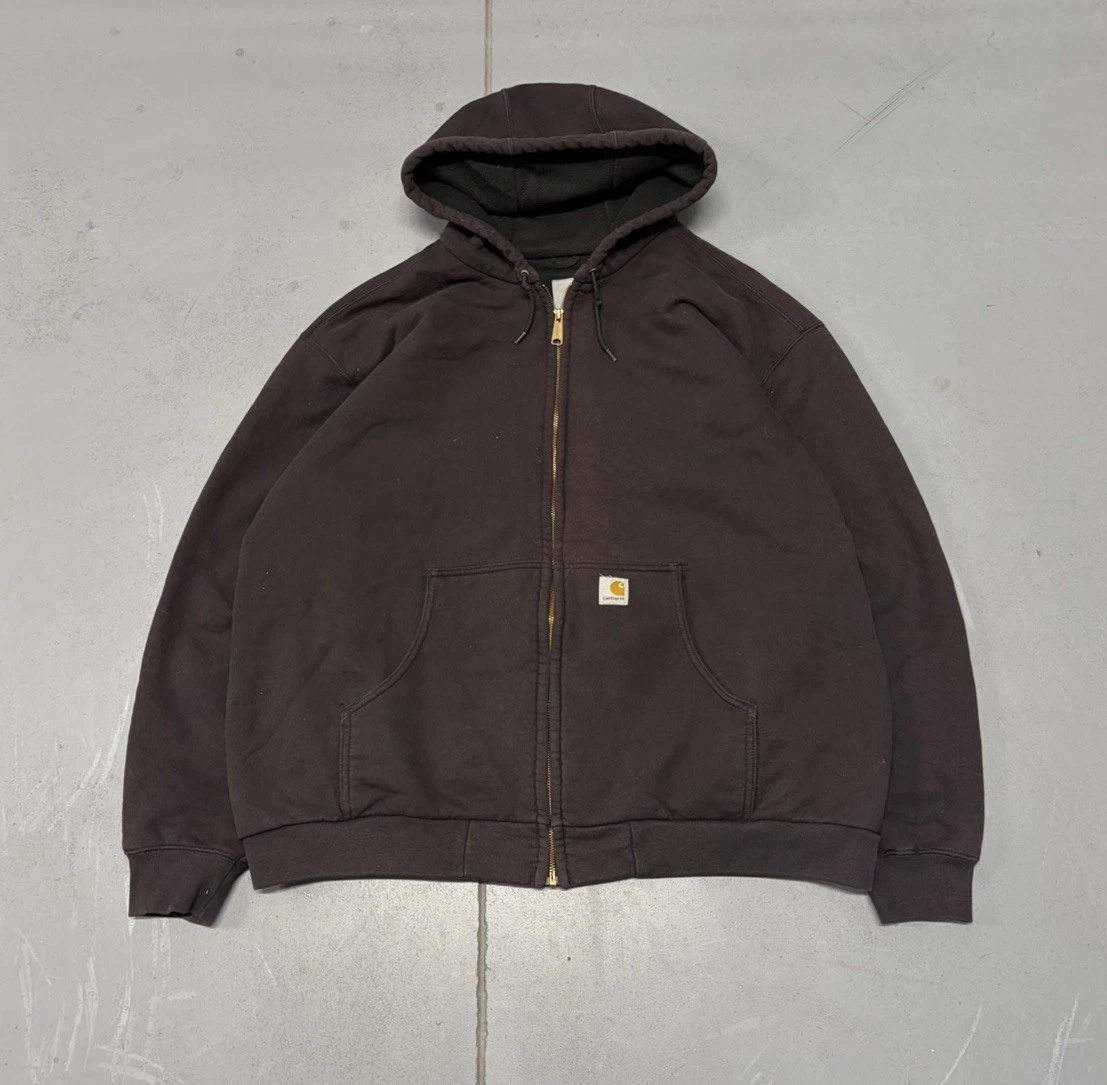 Vintage Carhartt Thermal Lined Waffle Knit Zip Up Hoodie Sweatshirt Faded Black