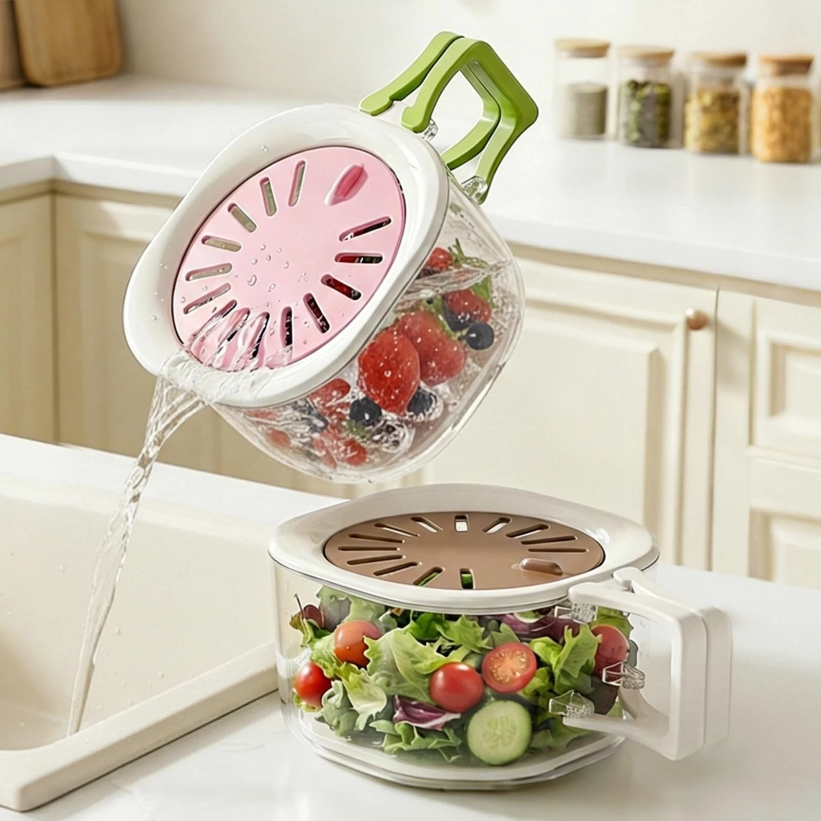 Fruit Vegetable Washing Bowl Strainer Container with Lid, Kitchen Fruit Berry...