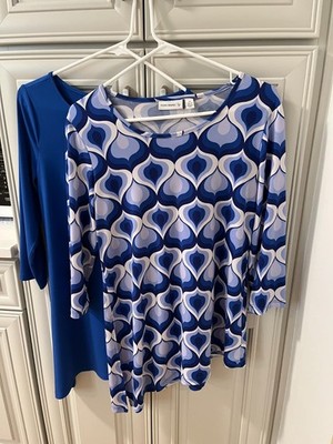 Susan Graver Liquid Knit Tops 2 Pc XS Blue Asymmetrical 3/4 Sleeve