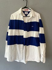 Tommy Hilfiger White and Blue Striped Button Up Skater Shirt Medium NWT