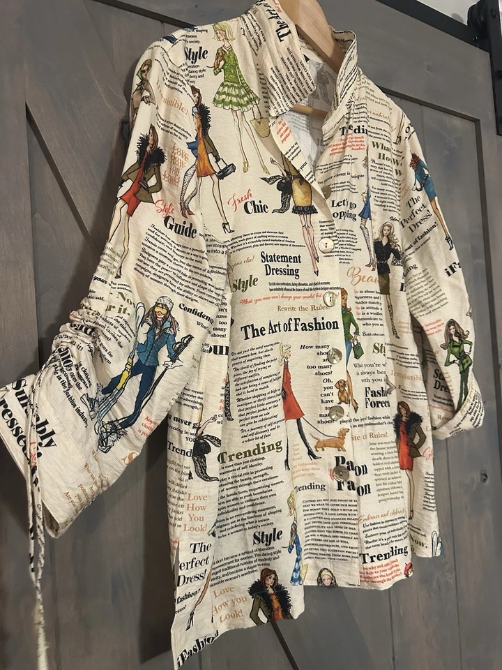 Camisa John Mark L Abotonada Artística Cuello de Alambre Top Mangas Acanaladas Estampado de Moda Foto 3 de 4