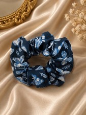 Women Large Scrunchie Cotton Fabric Blue With Butterflies Scrunchies Hair Tie