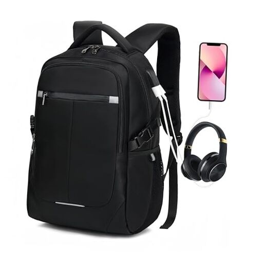 Water Resistant Travel Laptop Backpack with USB Charging Port - Black