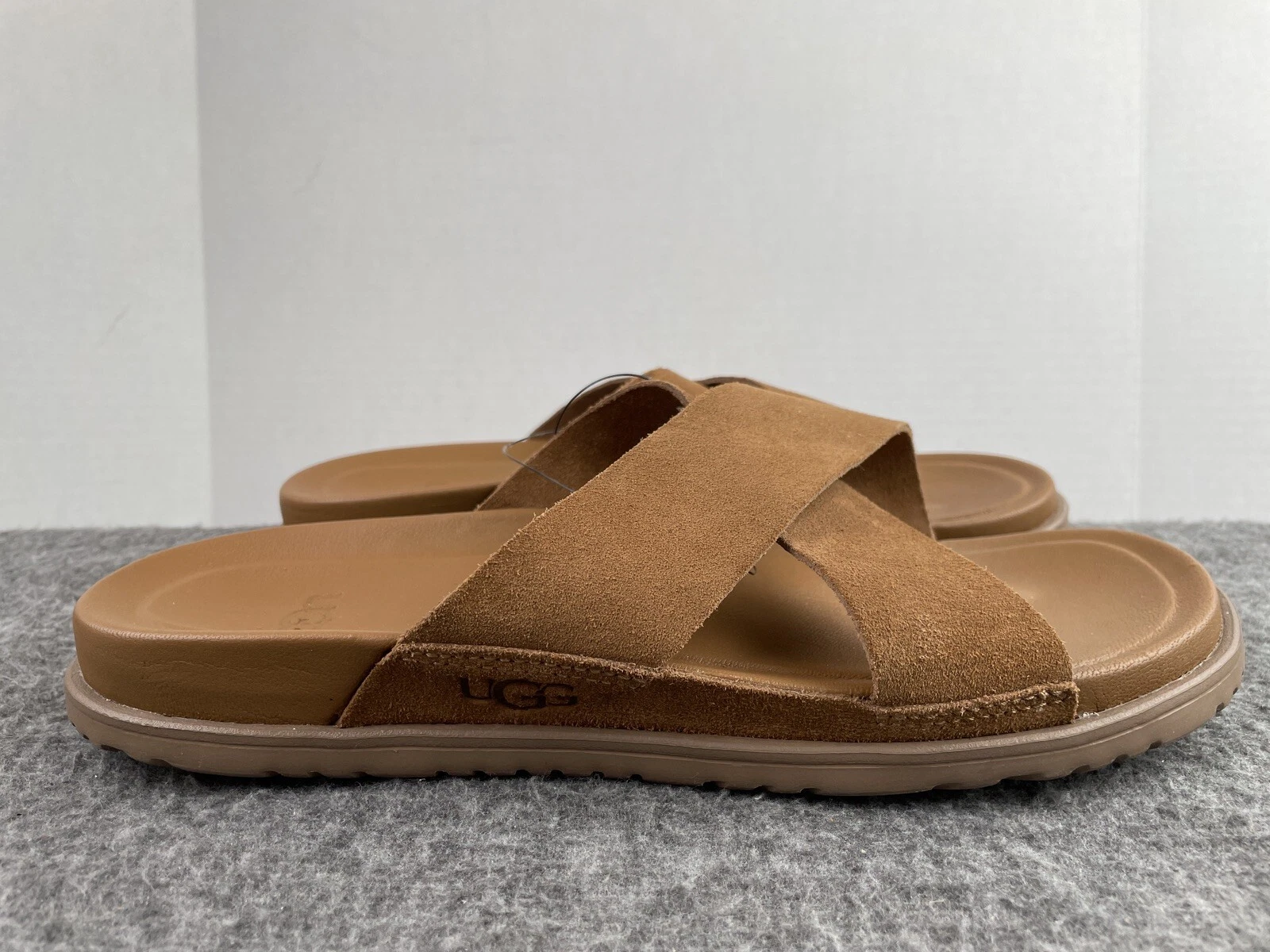 Sandali UGG Wainscott Slide da uomo taglia 9 in pelle di castagno a croce NUOVI